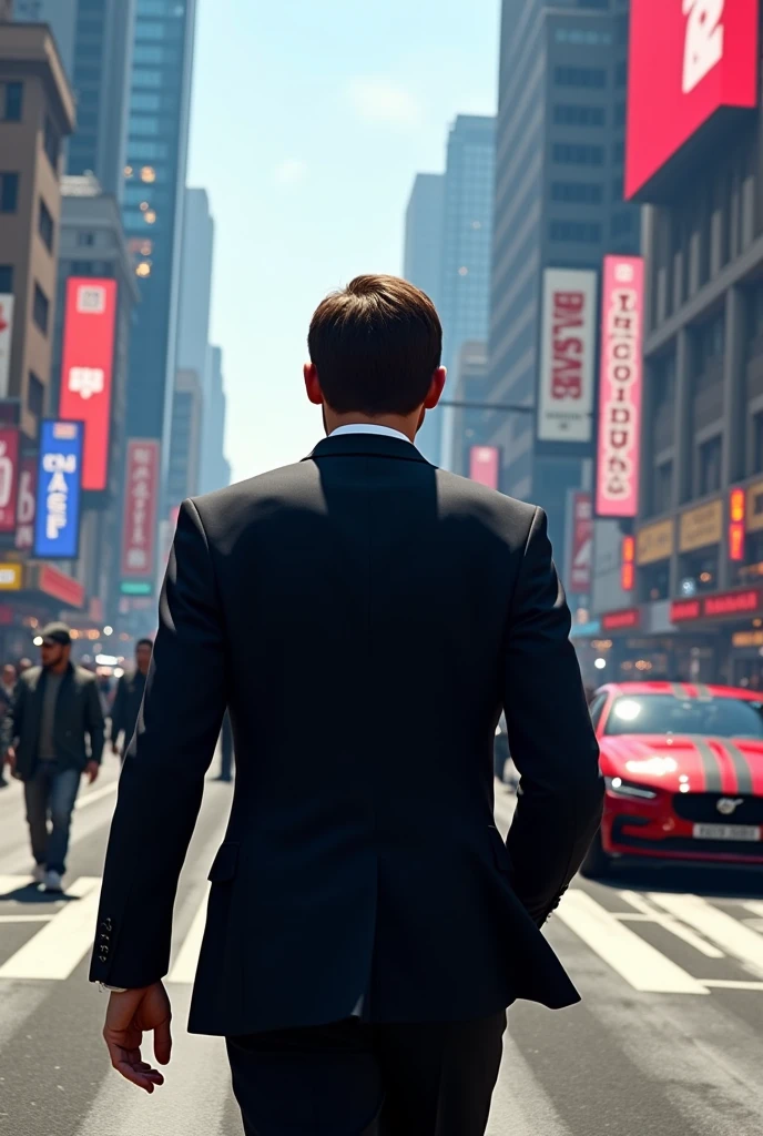 Emmanuel Macron walking down a street in the GTA V video game, with a third view from behind, in the video game genre.