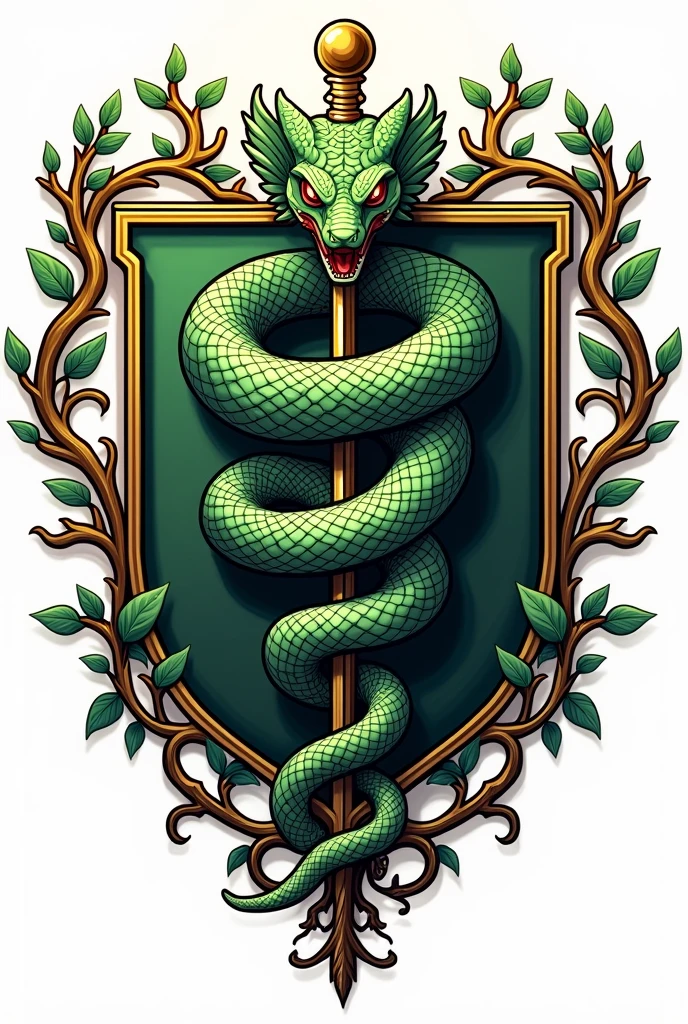 Create a Heraldic Coat of Arms PNG Logo (
medicine, Asclepius rod (can&#39;t have wings)
Aggressive Snake Shades of Green (predominantly) and gold with white and black details Professional drawing style with a touch of realism Branches and details around the coat of arms Branches inside the coat of arms overcolored with shadows With triple text strip at the bottom

