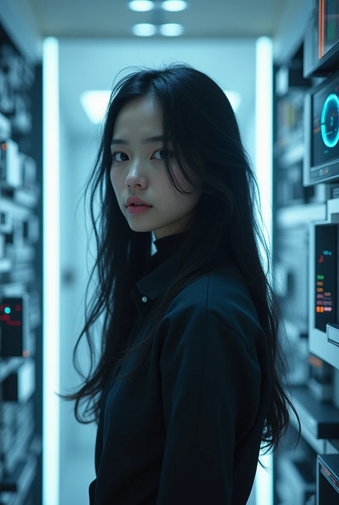 A girl wondering if she had done the right thing in creating what she did is an artificial intelligence in a computer, The girl is mine, 30 years old with long black hair in a light place surrounded by computer
