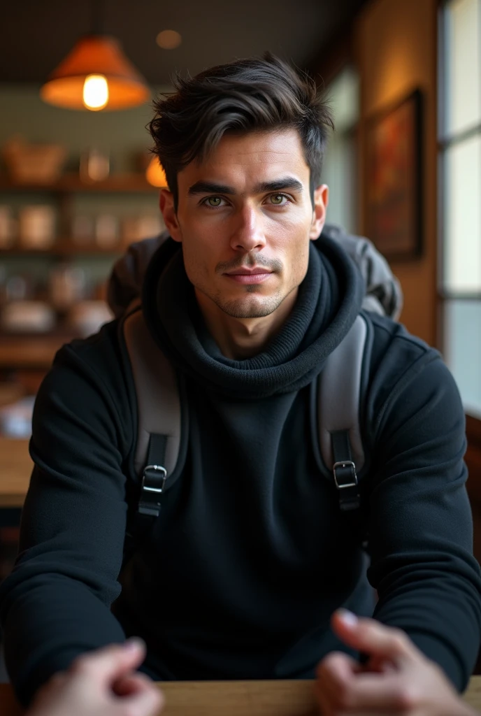(photorealism:1.2), (8k), (high quality) (detailed), (photorealism:1.2), (8k) (detailed) (Whole body)(man) facial features: Square face with a marked jaw, prominent cheekbones and thick, dark eyebrows. Adds youth to your appearance.hair: hair oscuro, usually combed back or styled slightly tousled, which can vary between short and medium.eyes: eyes verdes oscuros, with a penetrating look that expresses confidence, with cross-shaped hoops on each side.Complexion: slim and well defined. Height 1.80, which gives it an imposing presence.style: Your style of dress: chompa negra, cotton pants and a backpack, chalina.Skin tone: Skin tone bronceado, typical of the Mediterranean.Expression: He usually has a serious or concentrated expression., Although he can display a charming and confident smile.(sitting in a restaurant in Cusco next to a woman&#39;s hands)