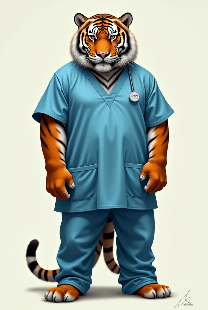 Tiger in blue surgical pajamas (realistic drawing)