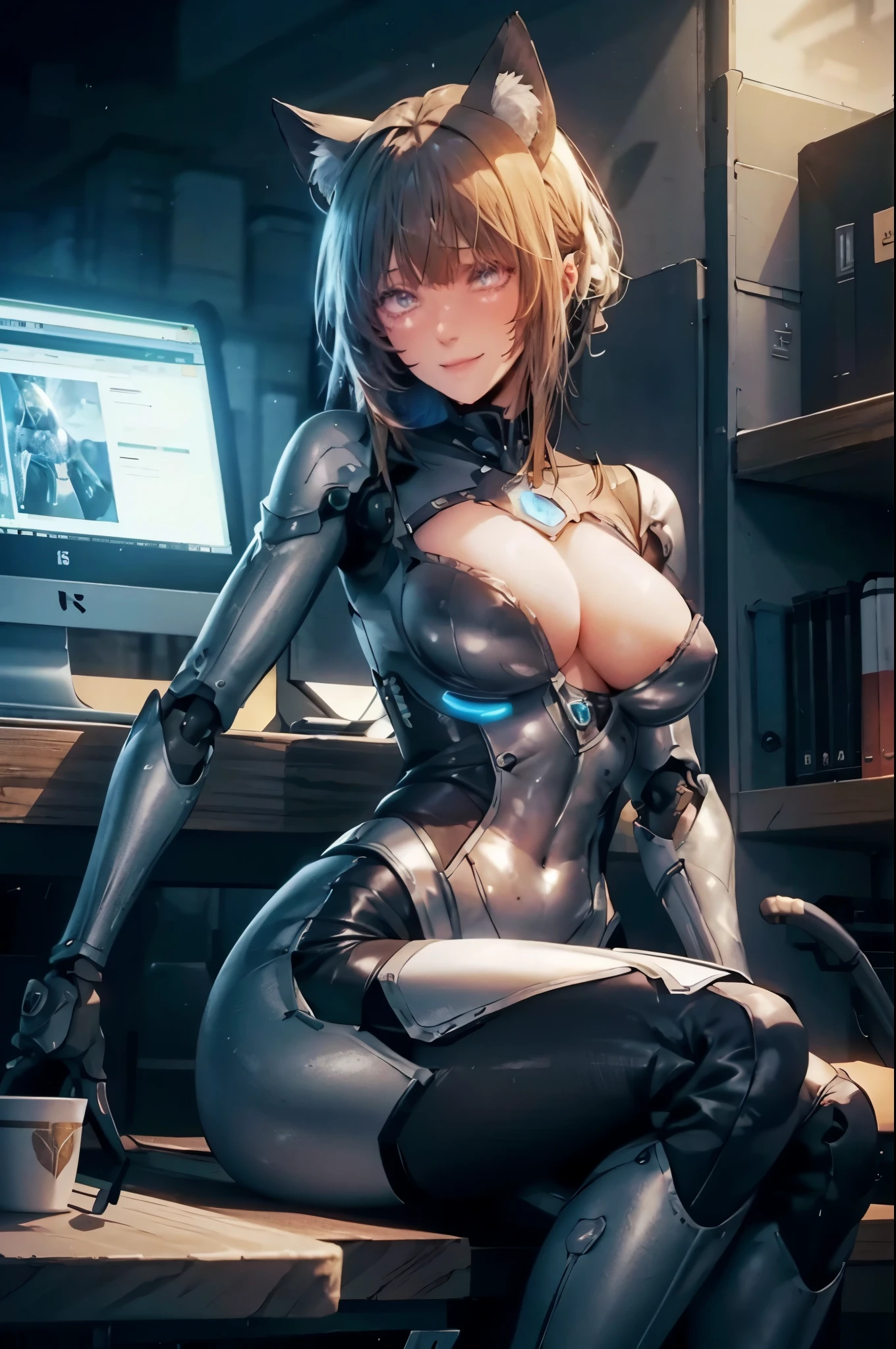 A female robot taking a break in the office normal body Sitting in a chair There is coffee on the table., light smile, UHD, retina, masterpiece, ccurate, anatomically correct, textured skin, a mechanical tail, mechanical cat ears, super detail, high details, high quality, award winning, best quality, highres