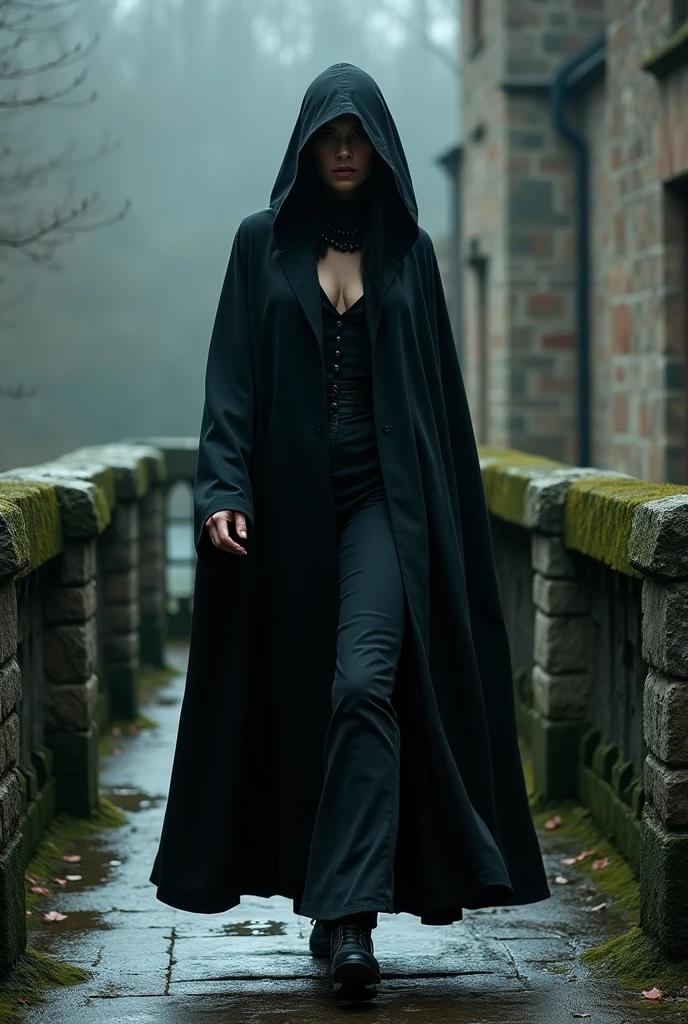 mysterious woman, black coat and hood, crossing an old bridge, gorgeous  woman