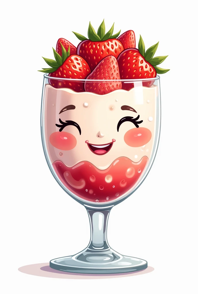 Crea una imagen caricatura de una vasO de fresas cOn crema en fOrma de letra "O"cOn fOndO blancO