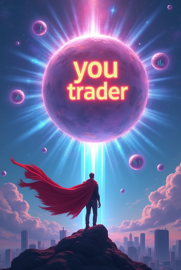 Universe nebula with massive sphere in the blue center with the word YOU TRADER in the center of the sphere and blue rays coming out of the sphere and with a man with a big red wind scarf looking up ,on top of a mountain and sphere exploding with a lot of energy with small transparent purple bubbles with green column graphs inside the bubbles. With large and small buildings in the background of the Horizon with graphics with great image quality