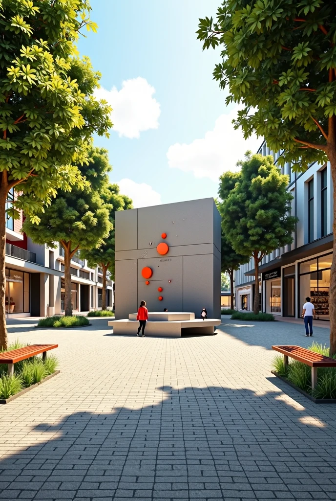 Big block, with peti pave stone floor, with benches to sit on, right side concept store with glass facades, some tall trees providing shade, a pedestrian access to pass between the shops and some German style buildings