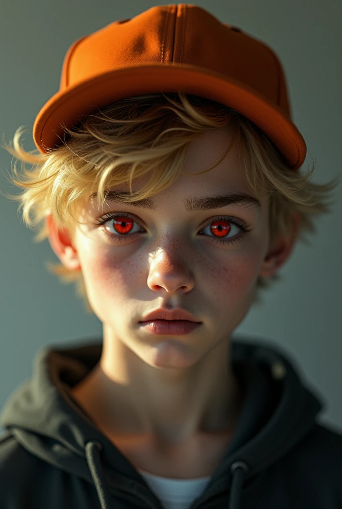 Blond boy red eyes teenager orange cap