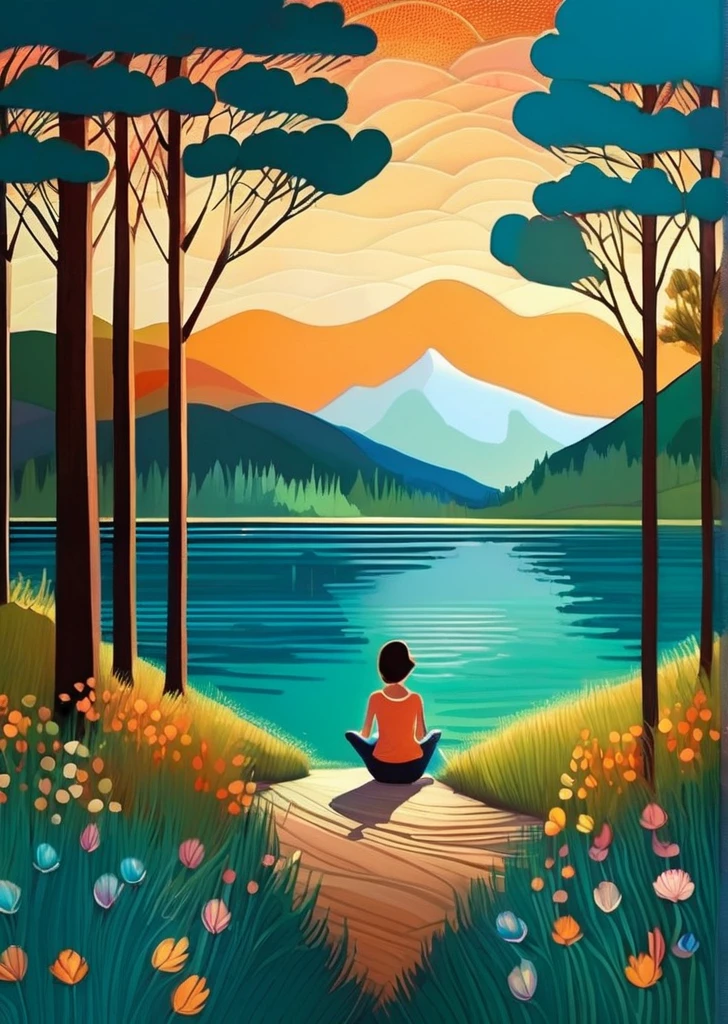 1 girl sitting near the shore,
trees
flat color 
lake
 detailed 
patterned background, 
(art by Jane Newland)