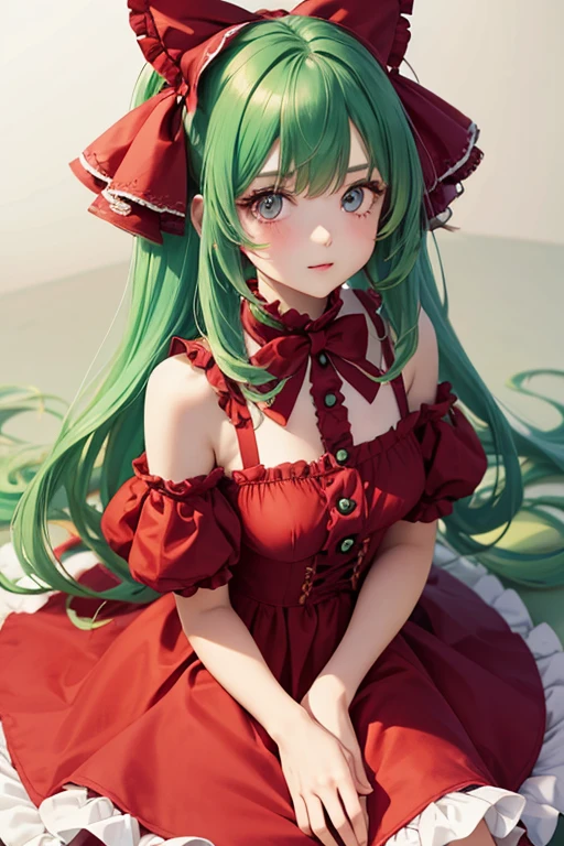 Cute girl with green hair and pink eyes wearing a red dress with lots of ruffles and bows