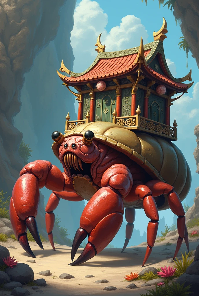 Create a hermit crab carrying an oriental house on its back in the fantasy style of Role Play Gaming