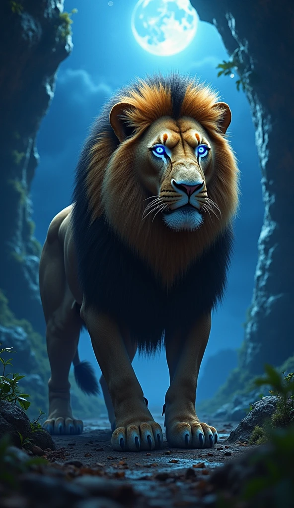 Generate an ultra realistic 8k image of a big strong blue-eyed lion at night