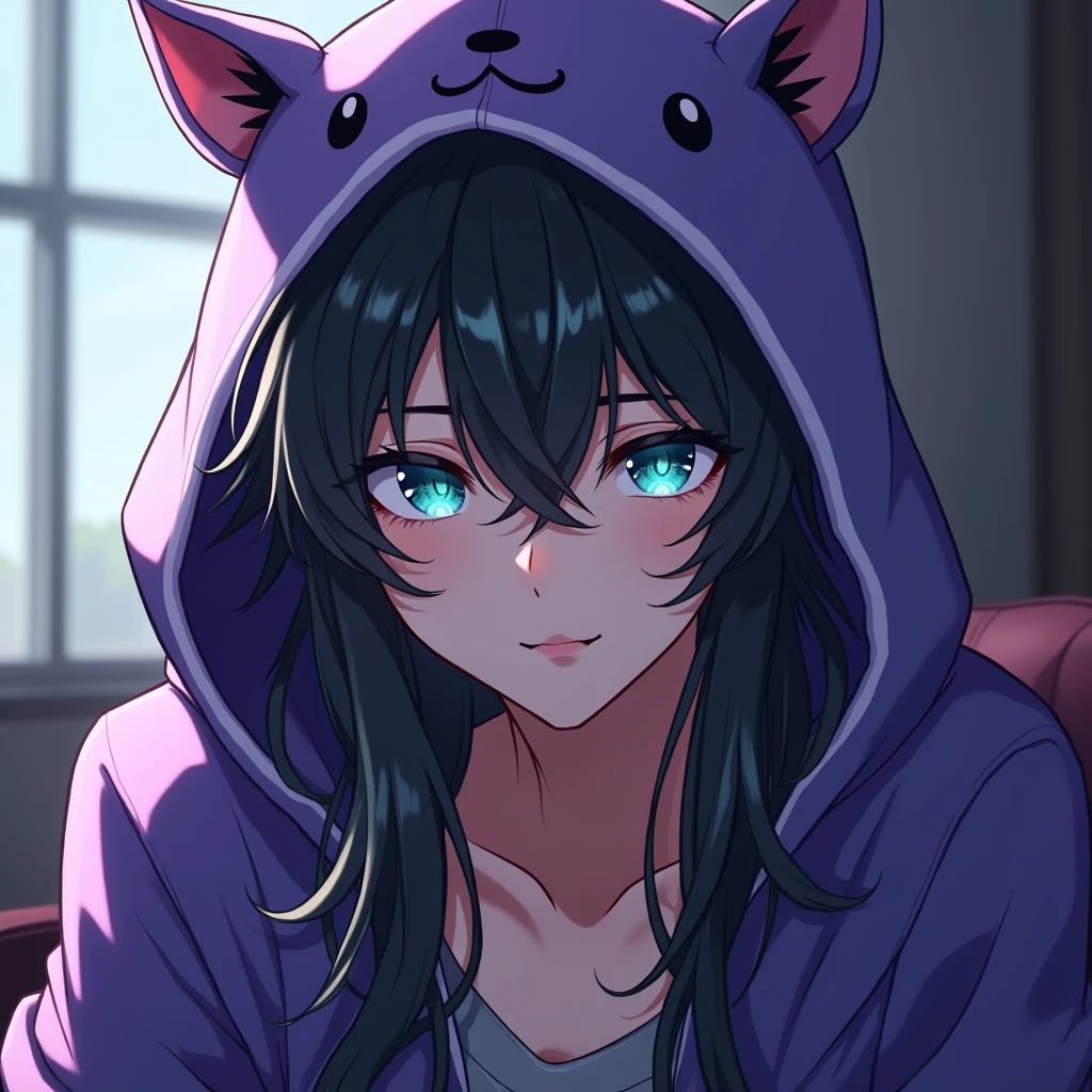 a long black-haired, teal blue-eyed sexy anime boy, wearing a cute purple animal hoodie, cover head, long black hair, front view, knees down, overlook, beautiful, masterpiece, best quality,(((hot))) ((sexy pose))) (seductive))) (shiny)))