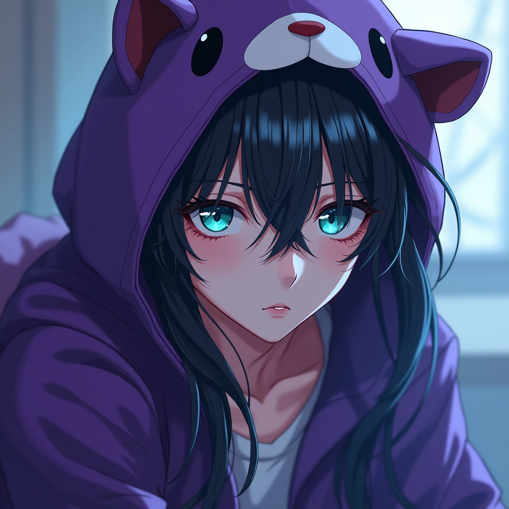 a long black-haired, teal blue-eyed sexy anime boy, wearing a cute purple animal hoodie, cover head, long black hair, front view, knees down, overlook, beautiful, masterpiece, best quality,(((hot))) ((sexy pose))) (seductive))) (shiny)))