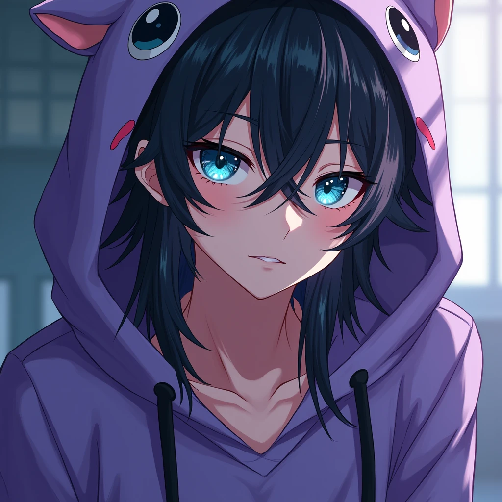 a long black-haired, teal blue-eyed sexy anime boy, wearing a cute purple animal hoodie, cover head, long black hair, front view, knees down, overlook, beautiful, masterpiece, best quality,(((hot))) ((sexy pose))) (seductive))) (shiny)))