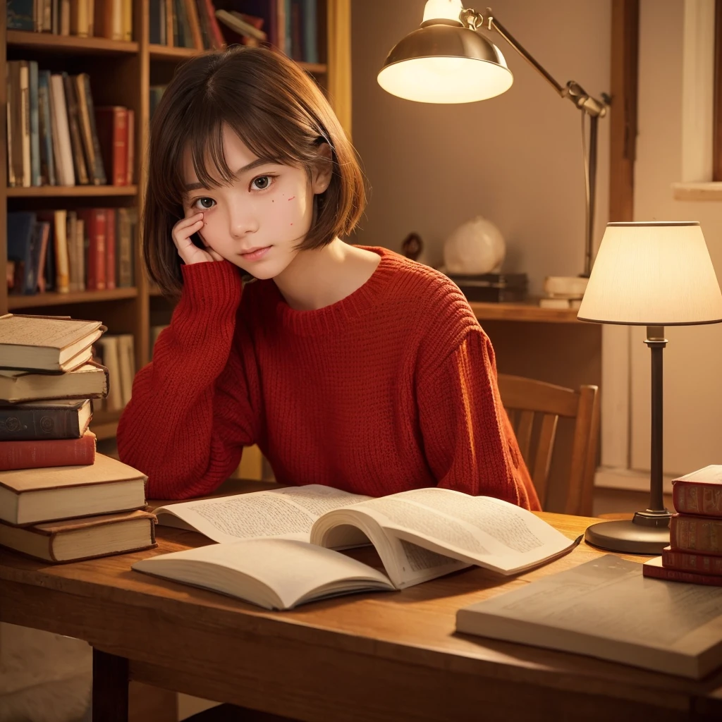 ジブリ風イラスト, Create an illustration of a young person studying at a desk, in a warm, cozy room filled with books and a lamp. The art style should be similar to a classic Japanese animated film from the 1990s, with soft colors and detailed backgrounds. The character should have short brown hair, be wearing a red sweater, and have a band-aid on their cheek. The overall atmosphere should feel calm and focused.