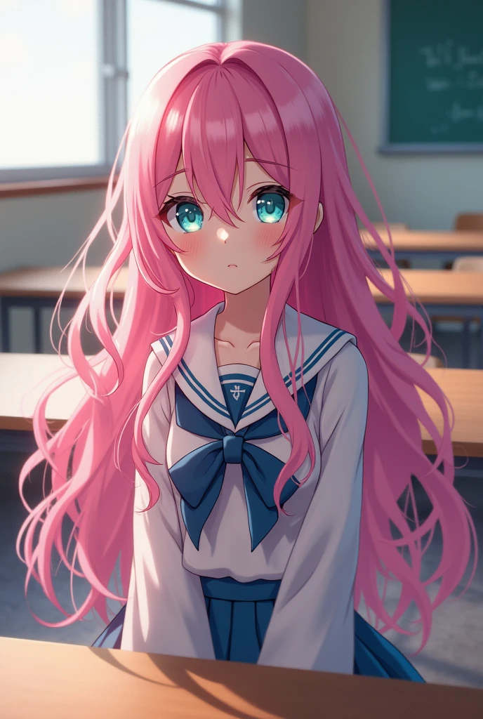 She has very long and wavy hair of a very low pink color. , Her eyes are aqua blue, she is wearing a schoolgirl uniform and is sitting in a classroom chair.