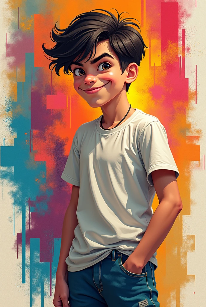 A young man with a mischievous expression, his head slightly tilted, and a knowing smile on his face. He’s dressed in casual streetwear, and the background features a dynamic mix of geometric shapes and bright colors.