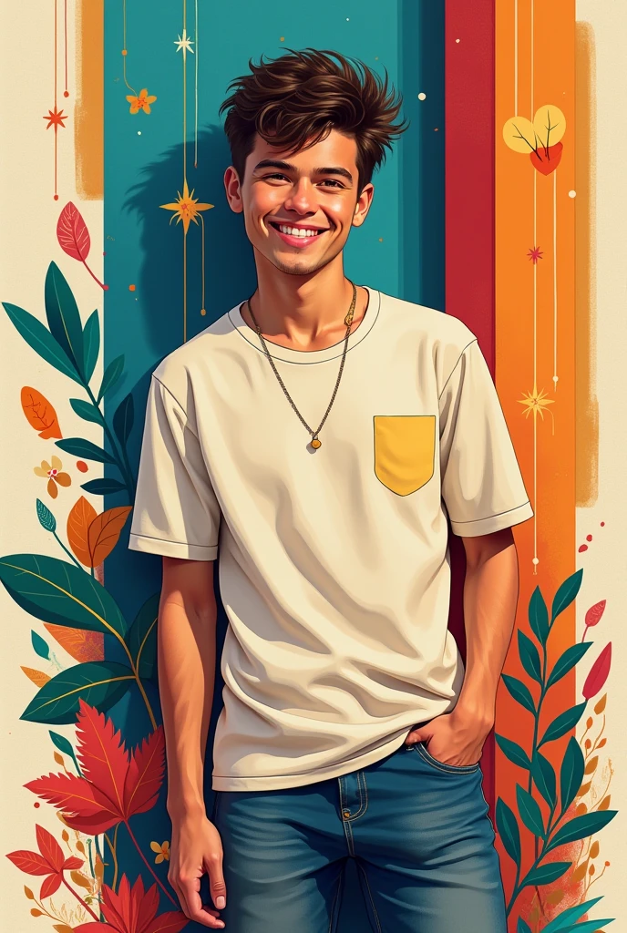 A young man with a mischievous expression, his head slightly tilted, and a knowing smile on his face. He’s dressed in casual streetwear, and the background features a dynamic mix of geometric shapes and bright colors.