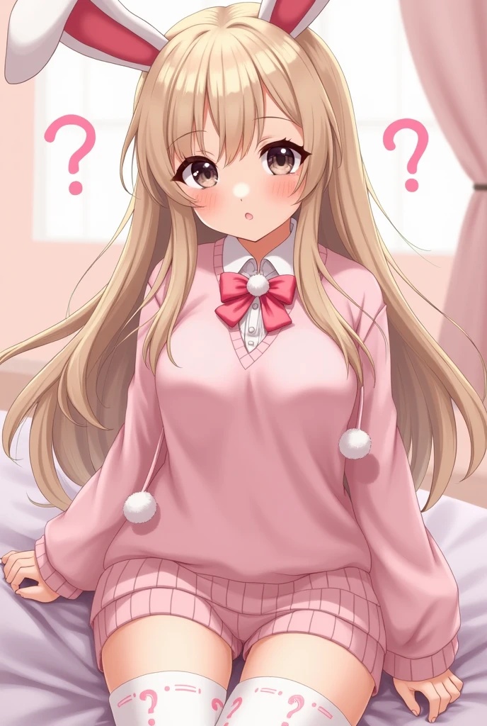 ((Best Quality)), ((masterpiece)), (detailed), A beautiful flesh-skinned milf has long, straight beige hair with barely noticeable bangs. He has long bunny ears. She has big black eyes and beautiful eyelashes and a soft, open mouth., blushing and beautiful. He has two pink question marks next to his face.. She is wearing a light pink bunny sweater with a matching pink ribbon that has two fluffy white pompoms on it.. Wear long socks up to your knees, white with pink details, a big butt and a generous bust.