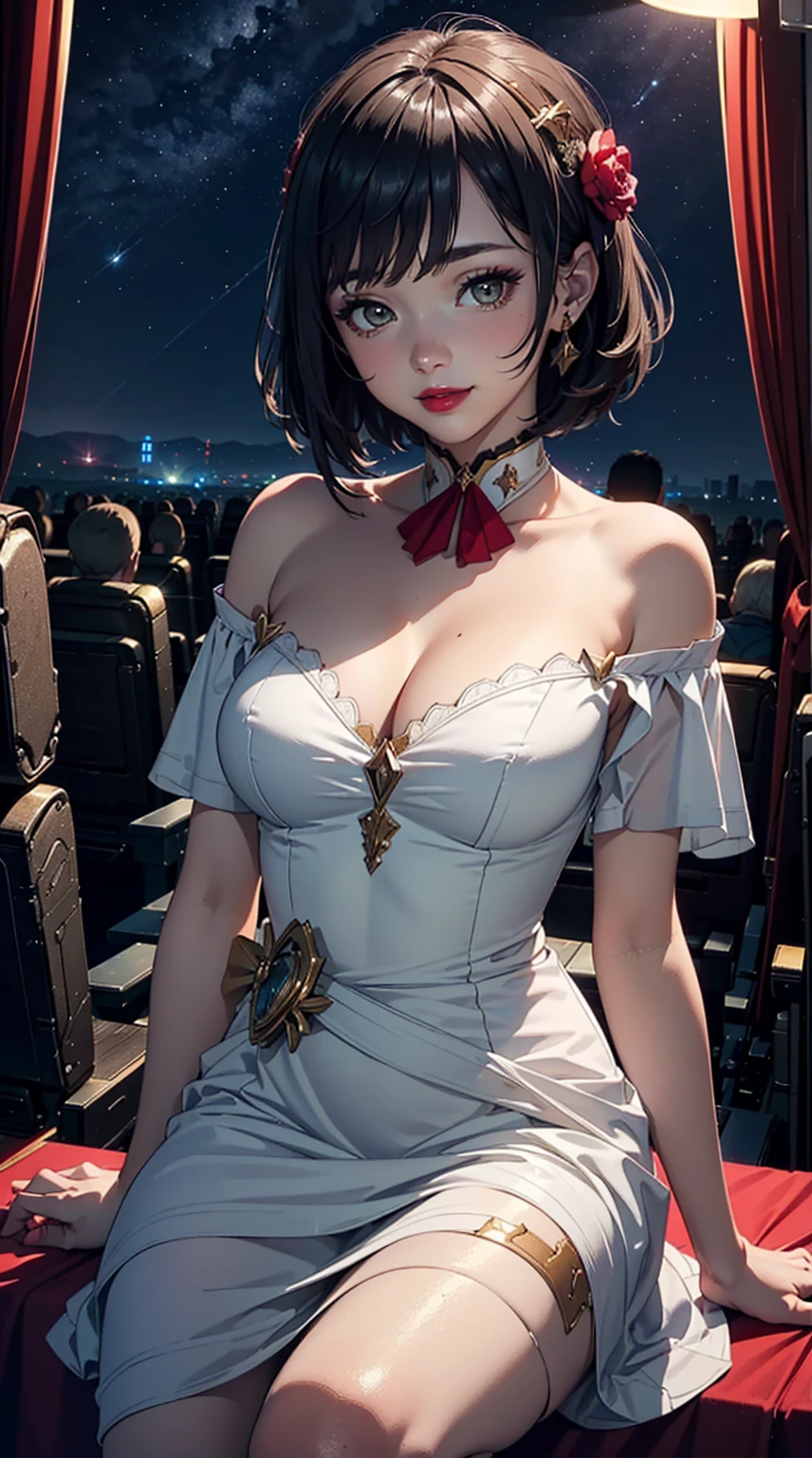 ((masterpiece)),(Highest quality),((Very detailed)), ((Beautifully detailed skies)), ((Cinema Lighting)), Depth of written boundary, (Dynamic Angle),Detailed lighting,((Beautiful attention to detail)), (Night sky view), Red lips, smile,eye shadow,Large Breasts, Cleavage, ((wearing a little dress, Off the shoulder, Only the waist)), ((noeldef))
