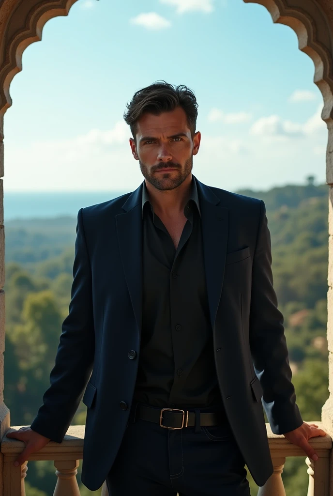 Photo d'un homme charismatique qui pose les mains sur son balcon fixant l'horizon 