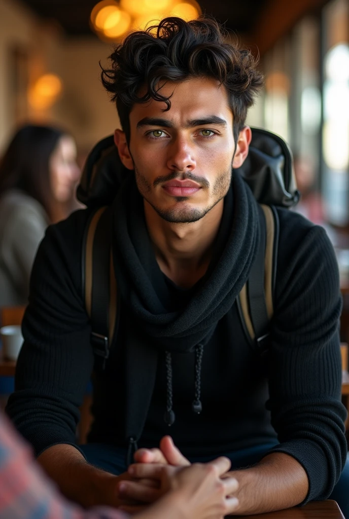 (photorealism:1.2), (8k), (high quality) (detailed), (photorealism:1.2), (8k) (detailed) (Whole body)(man) facial features: Square face with a marked jaw, prominent cheekbones and thick, dark eyebrows. Adds youth to your appearance.hair: hair oscuro, usually combed back or styled slightly tousled, which can vary between short and medium.eyes: eyes verdes oscuros, with a penetrating look that expresses confidence, with cross-shaped hoops on each side.Complexion: slim and well defined. Height 1.80, which gives it an imposing presence.style: Your style of dress: chompa negra, cotton pants and a backpack, chalina.Skin tone: Skin tone bronceado, typical of the Mediterranean.Expression: He usually has a serious or concentrated expression., Although he can display a charming and confident smile.(sitting in a restaurant in Cusco next to a woman's hands)