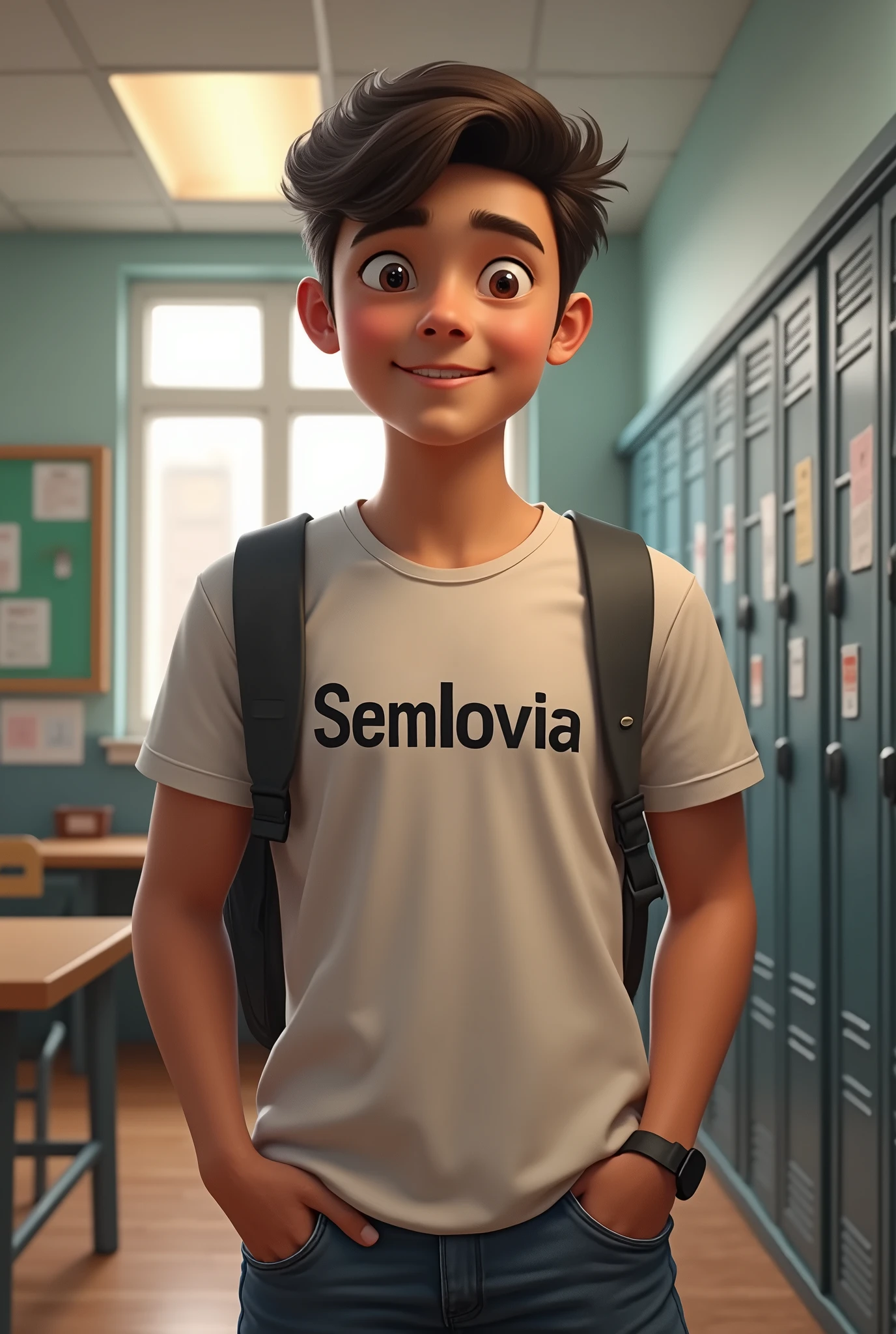 A high school boy with a shirt labelled semlovia 