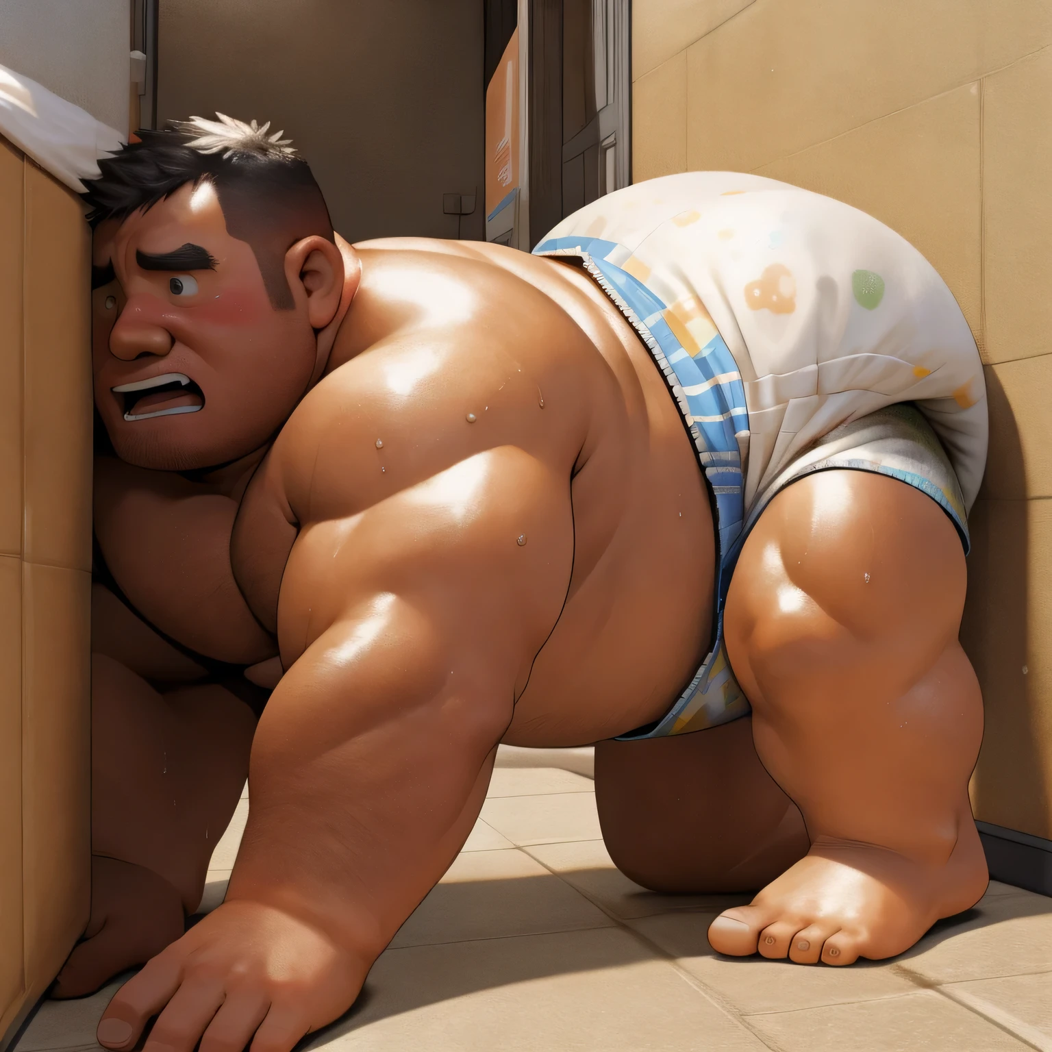 masterpiece, Top quality, in 32K, perfect anatomy, hyper detailed, super fine illustration, The thick man is a brutal prisoner, retarded, hairy human, 50yo in Japan, (fatness: 1.0), Fatty muscle, Bowleg, disappointment, incontinent, be diaper check by children, waddle, There is a small puddle under him, incontinent, Naked, short legs, Bowleg, spread legs, wear a White cloth Diaper, Bare belly, Bare legs, Bare foots, Bare soles, Shirtless, wide forehead and short thinning hair, Man with round face with stubble, Bare foots, Bare soles, shy, sissy, Weaker than children, Drool, Round face, steams, Solo, He enters nursery school and is despised by children, He surrounded by children, His bottom is wet, Bare foots, big butt, he is scolded by the children, White Diaper, He surrounded by children, sobbing, wear a White cloth Diaper, shirtless, There is a small puddle under him, He enters nursery school and is despised by children, big butt, sobbing, He crawling to go to children, on all fours, side view