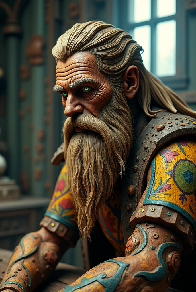 Bearded mountain man Intricate details insanely artwork Wooden painted man, 3D effect ultra-detailed intricate insanely Heart, museum room, green glass eyes, Carved in wood, painted with bright colors., indie film screencap, dramatic angle, , found footage, (steampunk), (cyberpunk aesthetic), (retrofuturism, atompunk), heroic proportions, window behind,