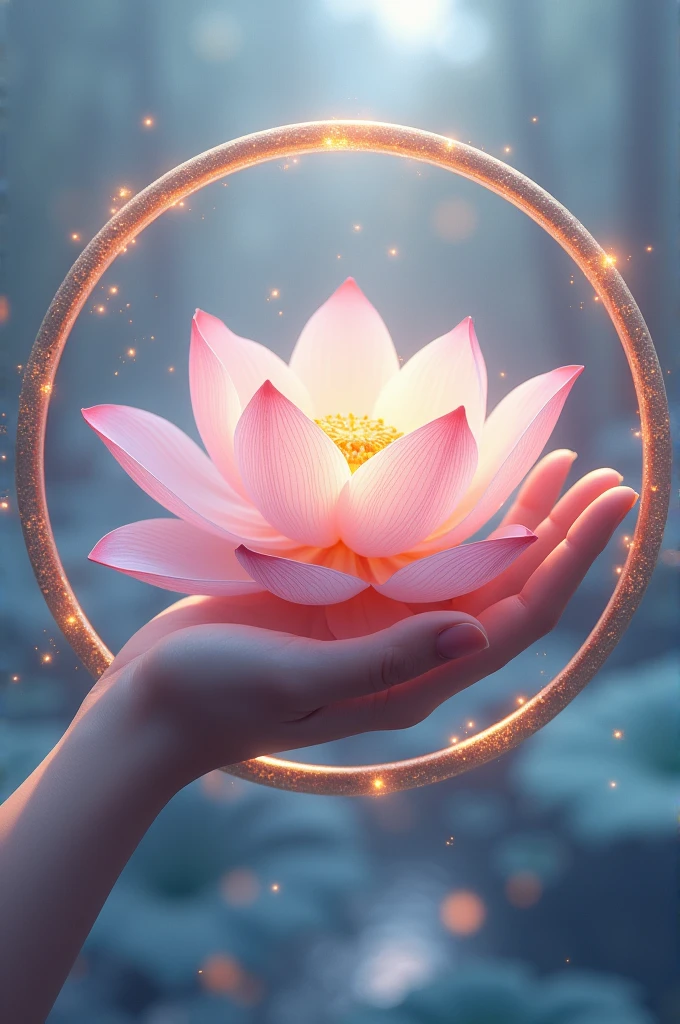 Un logo très détaillé hyper réaliste d'une main tenant une belle fleur de lotus revisité améliorée encore jamais vue, des étincelles et des lueurs doré
Le tout dans un cercle double parois
Fond clair et couleur pastel ton bleu violet rose