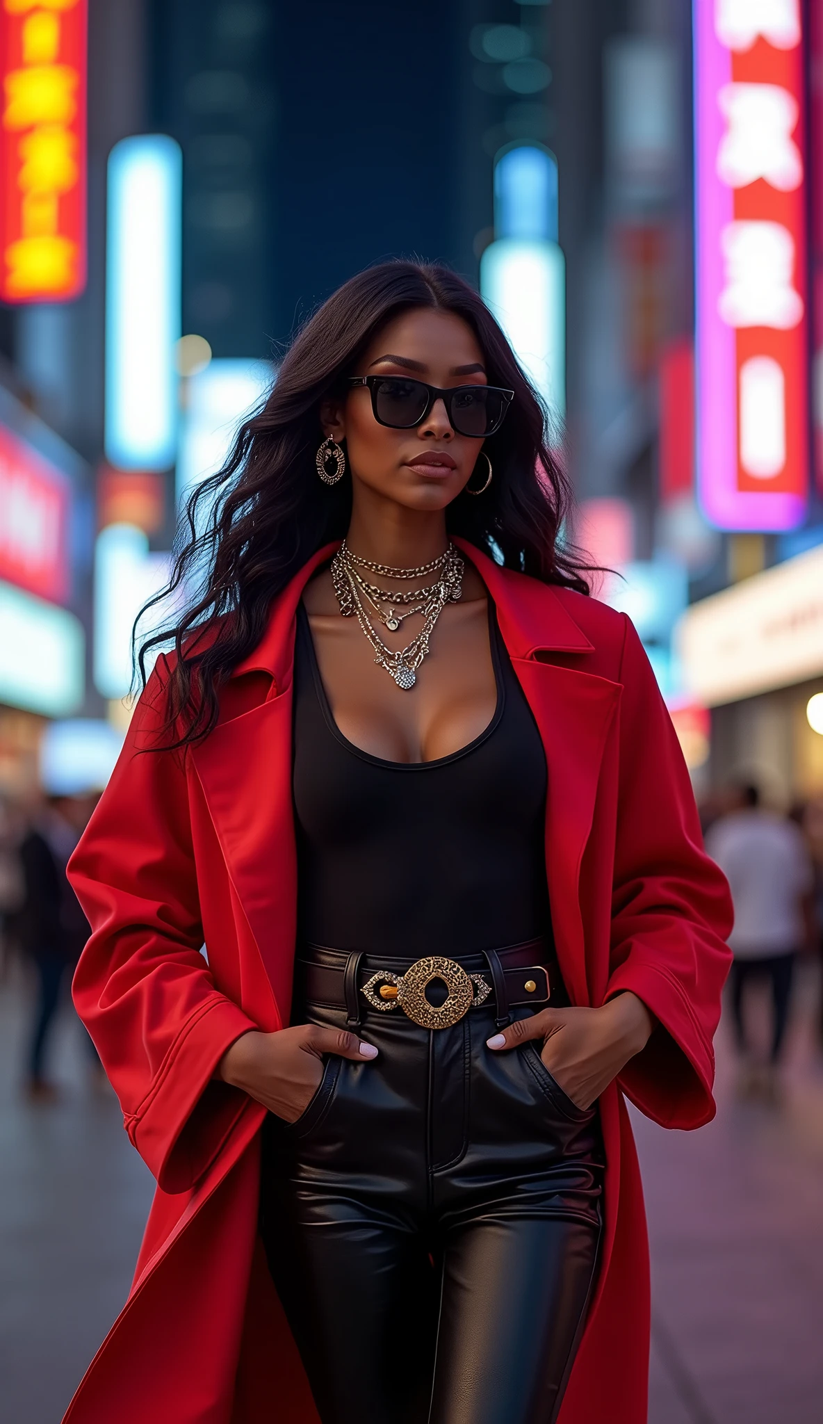 Make a gorgeous black woman high fashion sassy and fabulous baddie girl street wear in the city