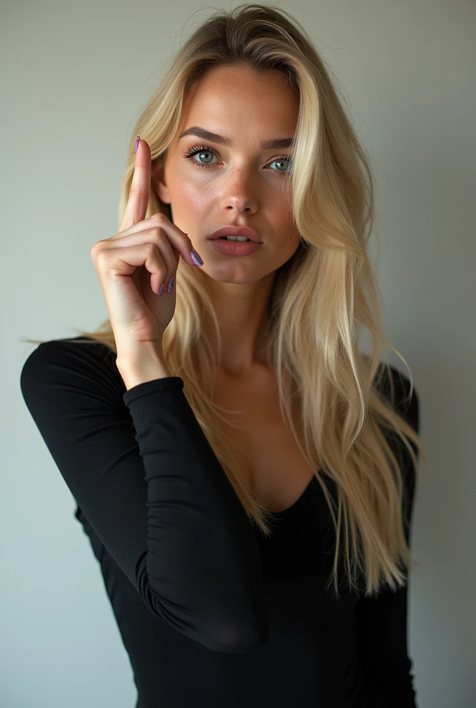 Plan en pied. 
A single sexy 2 blonde with a finger raised up. This finger must not hide his face make sure that this finger is outside the face 