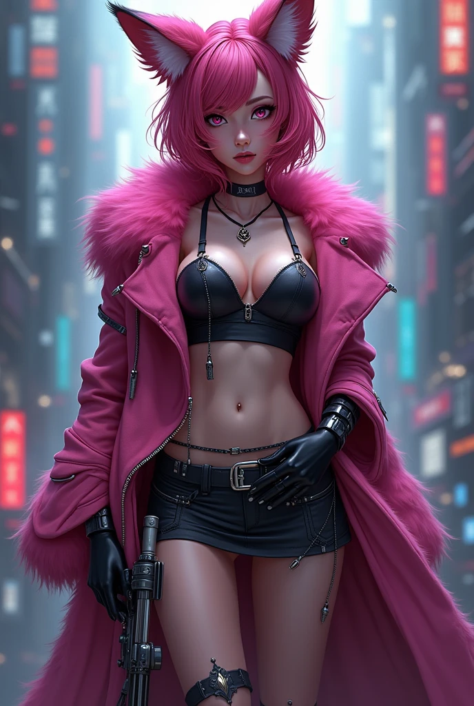 Oh, league of legend, sexy for, wallpapers, detailed eyes, fox ear, (fox tails), a skirt, (long pink fur), medium breasts, Looking at_It is shown in_Looking atl espectador, short_hair, gloves, belly button, fail, blue_there are eyes, Eternal, full_body, weapon, Footwear, necklaces, negro_gloves, pulp, hooded, hair_overcome_Yoon_there are eyes, Cultivator_above, hoodie, negro_pants, sneakers, Cut_jacket, cyber punk character, Cut_hoodie