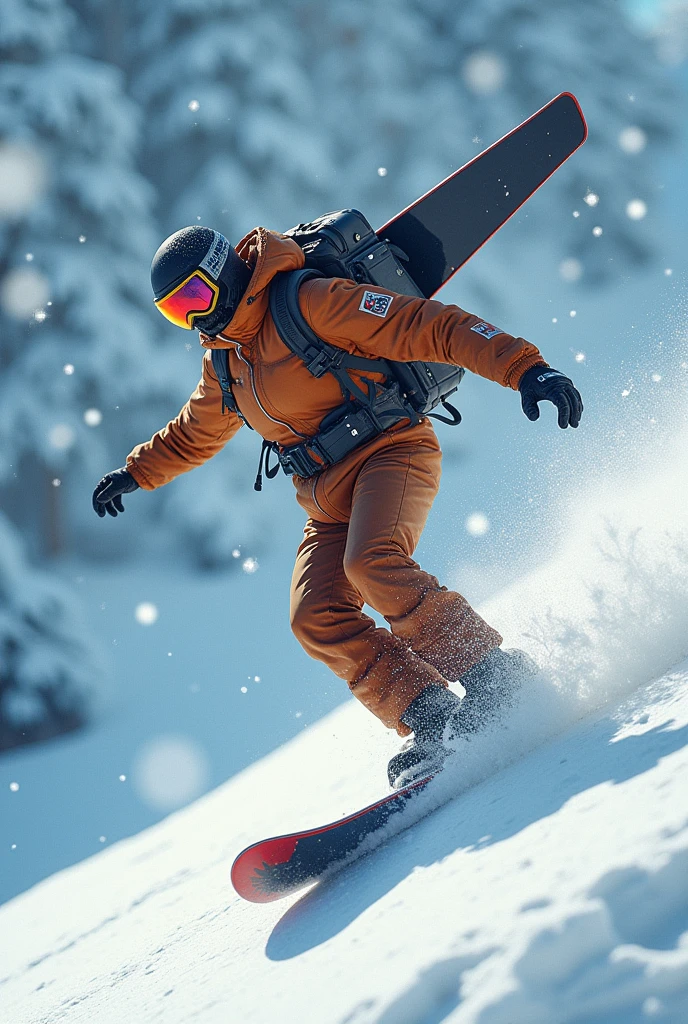 theme:Snow Scenery. sexy massive brown brear, big backpack with (wide jet wings:1.4), Performing acrobatics on a snowboard in cyberpunk style, (snow splash:1.3), sparkling and snow storm background, in Space War, dildo toy, vibrator, handcuffs, large hole, Depth, bokeh, illustration,