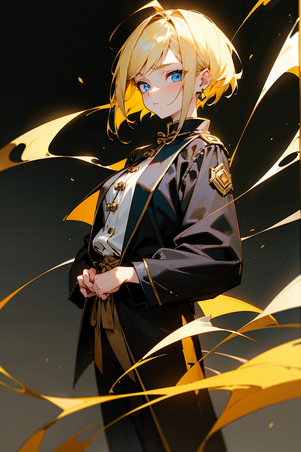 1female, blonde hair, let down hair, short sideswept hair, blue eyes, detailed eyes, calm expression, black and gold chinese emroidered jacket, white shirt, black baggy paants, dangling gold earrings, , simple foggy background, hands to side, standing on path, detailed face