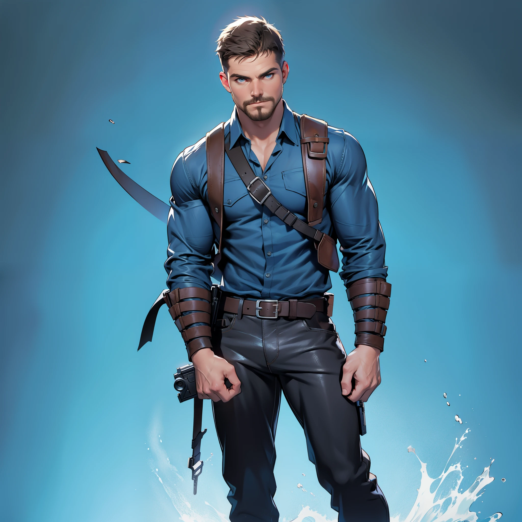 1 man, male focus solo, middle aged man,Stephen AMELL, tall, lean muscle, light blue shirt, brown leather shoulder holster, faded black trouser, full body shot, black short hair, facial hair, holding a pistol with two hands, (pistol:1.2), ultra high quality, masterpiece, low camera angle, intense splashed blue and white paint in the blackground
