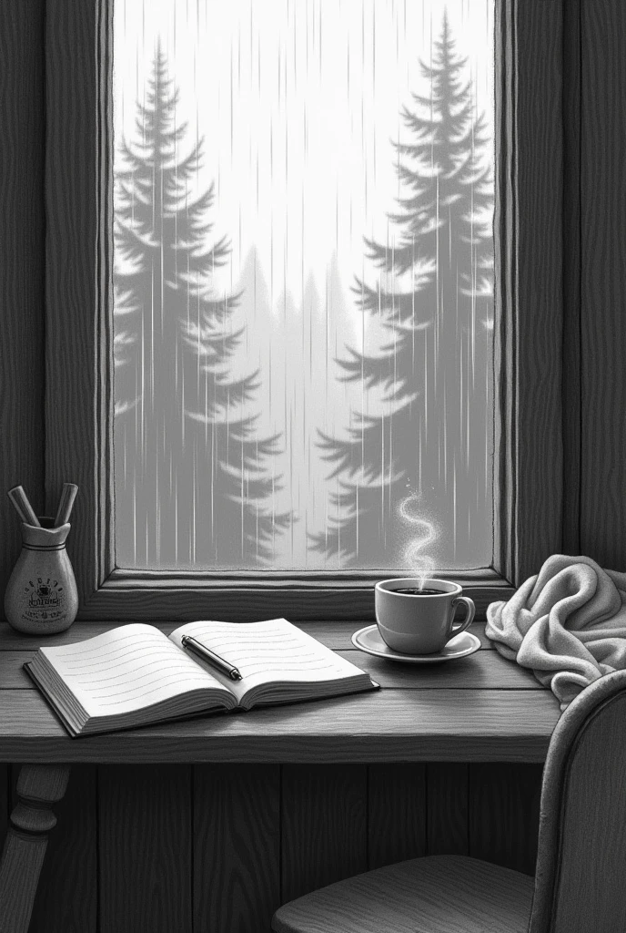 "A realistic, monochrome pencil and charcoal drawing of a cozy cabin in the woods during a rainy day. The focus is on a wooden desk by a foggy window, where rain is gently streaming down the glass. On the desk lies an open notebook, with a pen resting on its pages. Next to the notebook, a steaming cup of coffee emits wisps of vapor, adding warmth to the scene. A crumpled t-shirt is casually thrown on the wooden floor beside the desk. The view through the window shows blurred trees, their outlines softened by the rain. The entire scene is rendered in shades of black, white, and gray, capturing a quiet, contemplative mood."