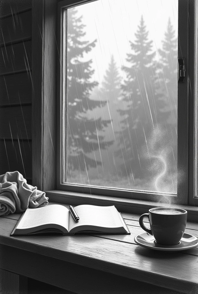 "A realistic, monochrome pencil and charcoal drawing of a cozy cabin in the woods during a rainy day. The focus is on a wooden desk by a foggy window, where rain is gently streaming down the glass. On the desk lies an open notebook, with a pen resting on its pages. Next to the notebook, a steaming cup of coffee emits wisps of vapor, adding warmth to the scene. A crumpled t-shirt is casually thrown on the wooden floor beside the desk. The view through the window shows blurred trees, their outlines softened by the rain. The entire scene is rendered in shades of black, white, and gray, capturing a quiet, contemplative mood."