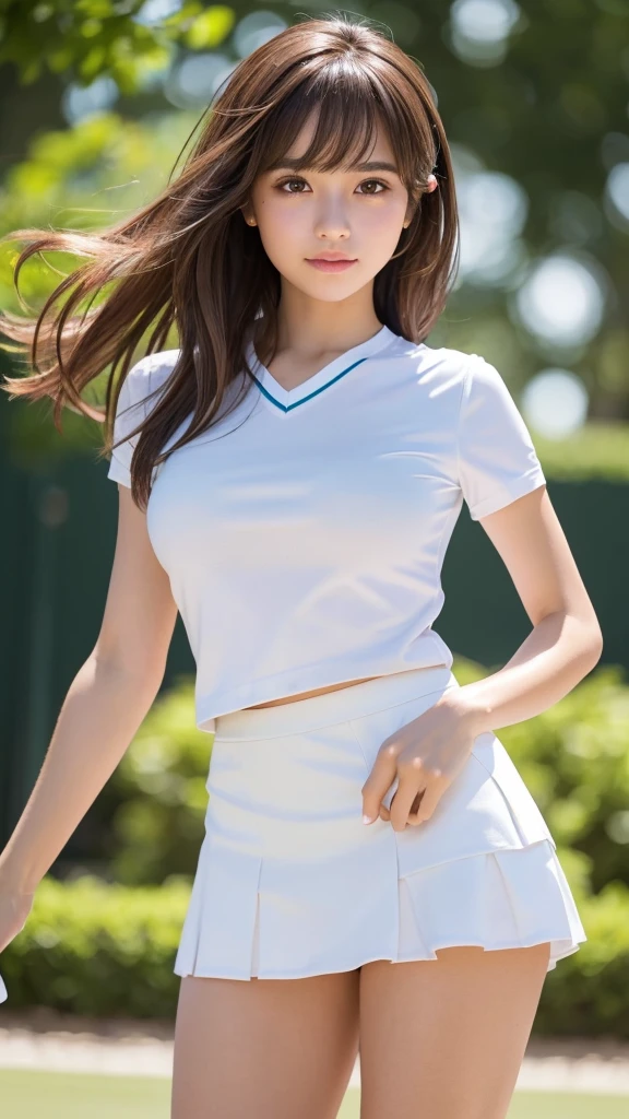 masterpiece, Highest quality,Very detailed,High resolution,(Realistic, photoRealistic:1.37),Excellent anatomy, One beautiful woman,1,tennis Club,(Knee-deep shots:1.3),(Focus on skirt and thighs:1.5),A small smile,Play Tennis,Tennis Wear, (shape), (((Skirt Lift, No pants, Genitals are visible))),(((White super short mini skirt:1.5))),((Very delicate and beautiful)),(Bokeh,Blurred outdoor background),Brown Hair,Long Hair,bangs, Floating Hair NovaFrog Style,Very beautiful face,Cute type,,Big Natural Color Lip,Big and pretty eyes,Brown eyes,Obvious double,Small and cute nose,Brown eyes, Shiny highlight spots around the eyes,Character Focus,Tilt your head,The best light,Best Shadow,Mysterious perfect face,Very detailed,Soft Skin,(Glowing Skin, Sweaty: 1.2)'Beautiful feet, Voluptuous thighs,Plump body,Huge breasts,(Expresses the roundness and softness of the chest area.........1),Beautiful body,(The perfect woman), ((Provocative dynamic pose:1.5)),
