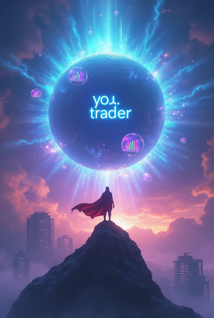 Universe nebula with massive sphere in the blue center with the word YOU TRADER in blue in the center of the sphere and blue rays coming out of the sphere and with a man with a big red scarf in the wind looking up ,on top of a mountain and sphere exploding with a lot of energy with small transparent purple bubbles with green column graphs inside the bubbles. With large and small buildings in the background of the Horizon with graphics with great image quality