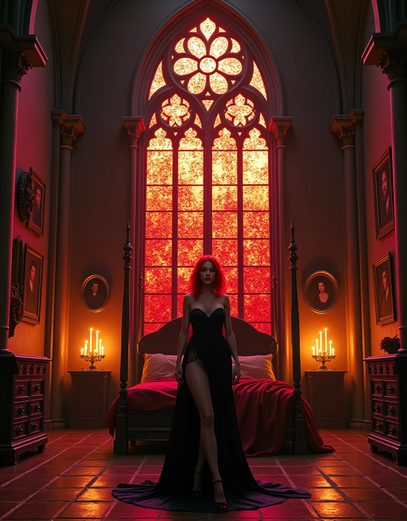 1:(extra wide angle entire room:2.0),(best quality,4k,16k,highres,masterpiece,ultra-detailed,realistic,dark gothic stained glass window,vibrant red glass colors,detailed intricate patterns,medieval architectural element,dark and mysterious atmosphere, light filtering through the stained glass and grand candellight,fine artistic details,sharp focus,high walls, big gothic vampire style interior,vivid colors,portraits,concept artists,rich and deep black:1.6 color tones, playing with light,shadow, medievale bed:2.0),(masterpiece,Distinguished Quality).BREAK2:(An ultra hot),(1 female age 18),(evil witch,realistic,ultra-thick long,bright,high contrasts,bloodred:0.9,orange:0.1 hair),(Large, high contrast green:0.9, bright yellow:0.1),extra big eyes,extra long, thick,dark eyelashes),(blood red, plump lips),(beautiful eyes)Big breasts, big ass,thin waist,(glowing skin: 1.2), (long legs :1.1),(thick and toned thighs),(attractive expression,alluring:1.3),(detailed hands,realistc long monsters claws)(Look at me) =#The entire setup is masterpiece 1:3 framed with the grandeur of medieval gothic style, focus on entire room#