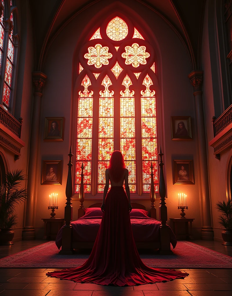 1:(extra wide angle entire room:2.0),(best quality,4k,16k,highres,masterpiece,ultra-detailed,realistic,dark gothic stained glass window,vibrant red glass colors,detailed intricate patterns,medieval architectural element,dark and mysterious atmosphere, light filtering through the stained glass and grand candellight,fine artistic details,sharp focus,high walls, big gothic vampire style interior,vivid colors,portraits,concept artists,rich and deep black:1.6 color tones, playing with light,shadow, medievale bed:2.0),(masterpiece,Distinguished Quality).BREAK2:(An ultra hot),(1 female age 18),(evil witch,realistic,ultra-thick long,bright,high contrasts,bloodred:0.9,orange:0.1 hair),(Large, high contrast green:0.9, bright yellow:0.1),extra big eyes,extra long, thick,dark eyelashes),(blood red, plump lips),(beautiful eyes)Big breasts, big ass,thin waist,(glowing skin: 1.2), (long legs :1.1),(thick and toned thighs),(attractive expression,alluring:1.3),(detailed hands,realistc long monsters claws)(Look at me) =#The entire setup is masterpiece 1:3 framed with the grandeur of medieval gothic style, focus on entire room#