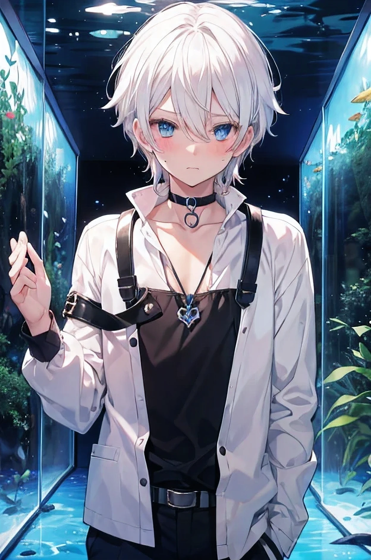 cute boy, White hair, blue eyes, naughty face, Black choker, blushing, in an aquarium