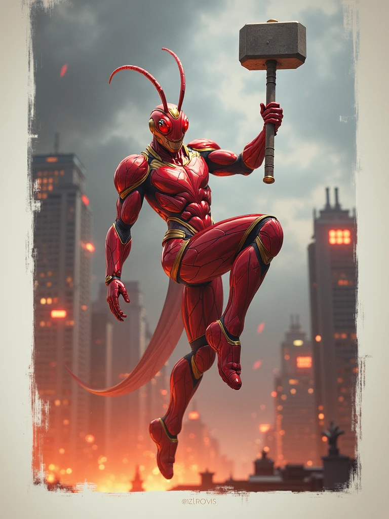 Imagine the red grasshopper as if he were a superhero, without forgetting his red and yellow clothing with his hammer, you will make him look incredible and almost realistic.