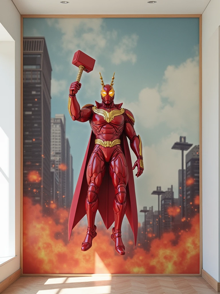 Imagine the red grasshopper as if he were a superhero, without forgetting his red and yellow clothing with his hammer, you will make him look incredible and almost realistic. 