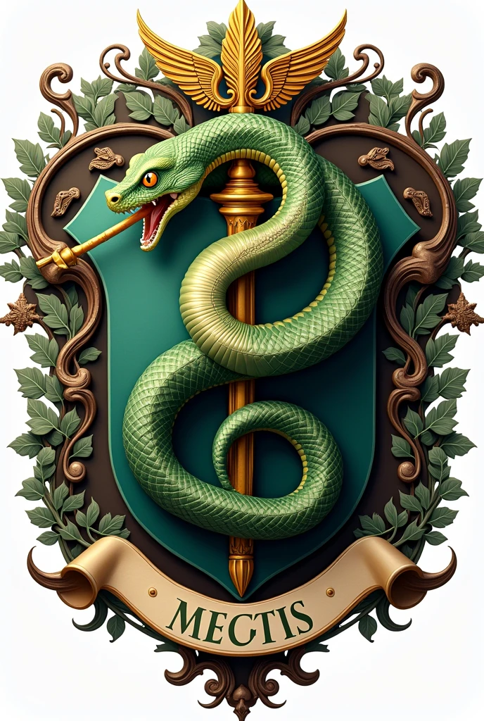 Create a Heraldic Coat of Arms PNG Logo (
medicine, Asclepius rod (can&#39;t have wings)
Aggressive Snake Shades of Green (predominantly) and gold with white and black details Professional drawing style with a touch of realism Branches and details around the coat of arms Branches inside the coat of arms overcolored with shadows With text strip at the bottom 3d More detailed
