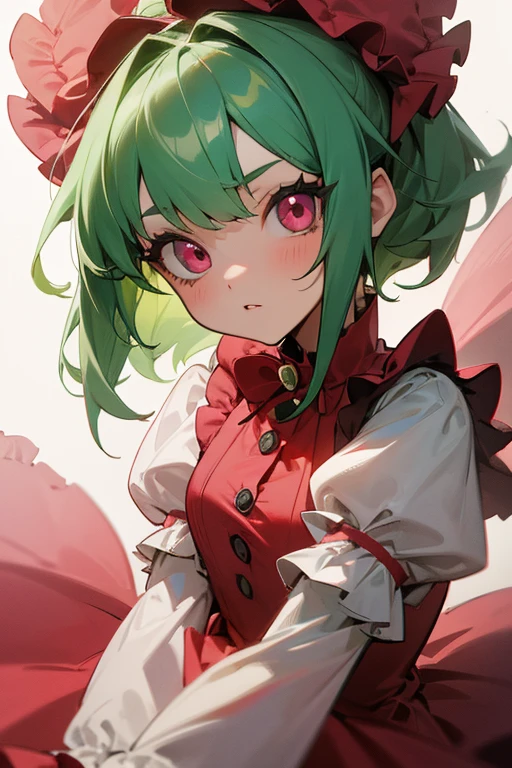 Cute girl with green hair and pink eyes wearing a red dress with lots of ruffles and bows