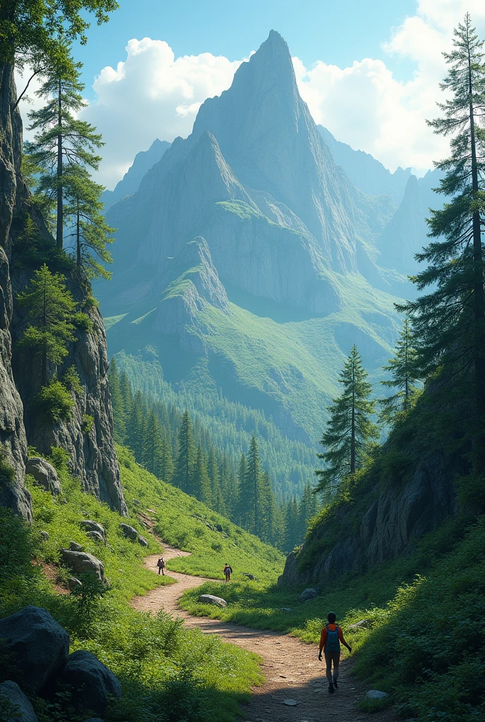 An image to invite people to a hiking activity with reforestation. The activity will be called "path through life" and will take place on Saturday, September 7. Invite "Guardians of Xico Mountain" and the route will be intermediate level/advanced.  The image size should be suitable for a Facebook post and should have a mountain background, with forest and rocks, as well as elements that refer to mountain hiking. 