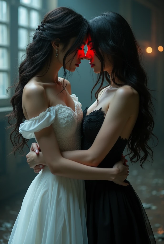 Masterpiece, 
Beautiful bride in white dress seduced by alluring lesbian vampire woman, evil, gothic black lace dress, flattering, cleavage, Long Hair, kiss, glowing red eyes, evil aura, dark, villainess, sexy, (full body)