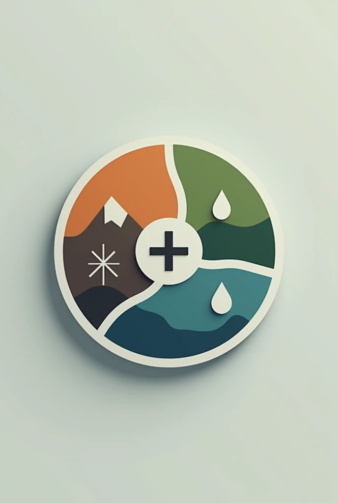 Logo,cercle avec +1 marqué au centre , cercle divisé en 3 parties, 1 partie du cercle avec une icône de montagne sur fond marron , 1 partie du cercle avec une icône de feuille sur fond vert , 1 partie du cercle avec une icône de goûtte bleu sur fond bleu ,réaliste,pas de couleur blanche